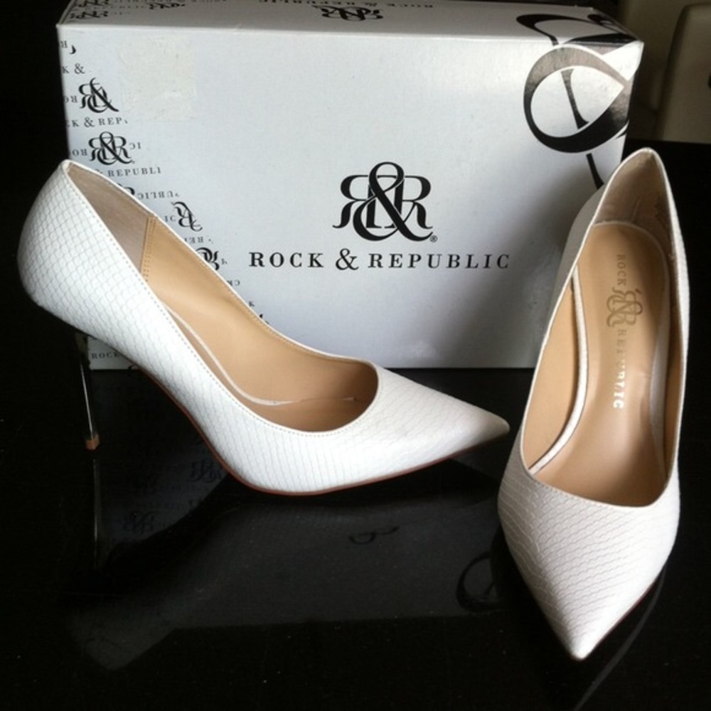 White Faux Snakeskin & Gold Heels